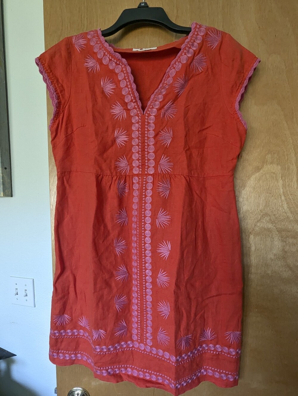 Boden Coral Red Tunic with Pink Crochet Trim